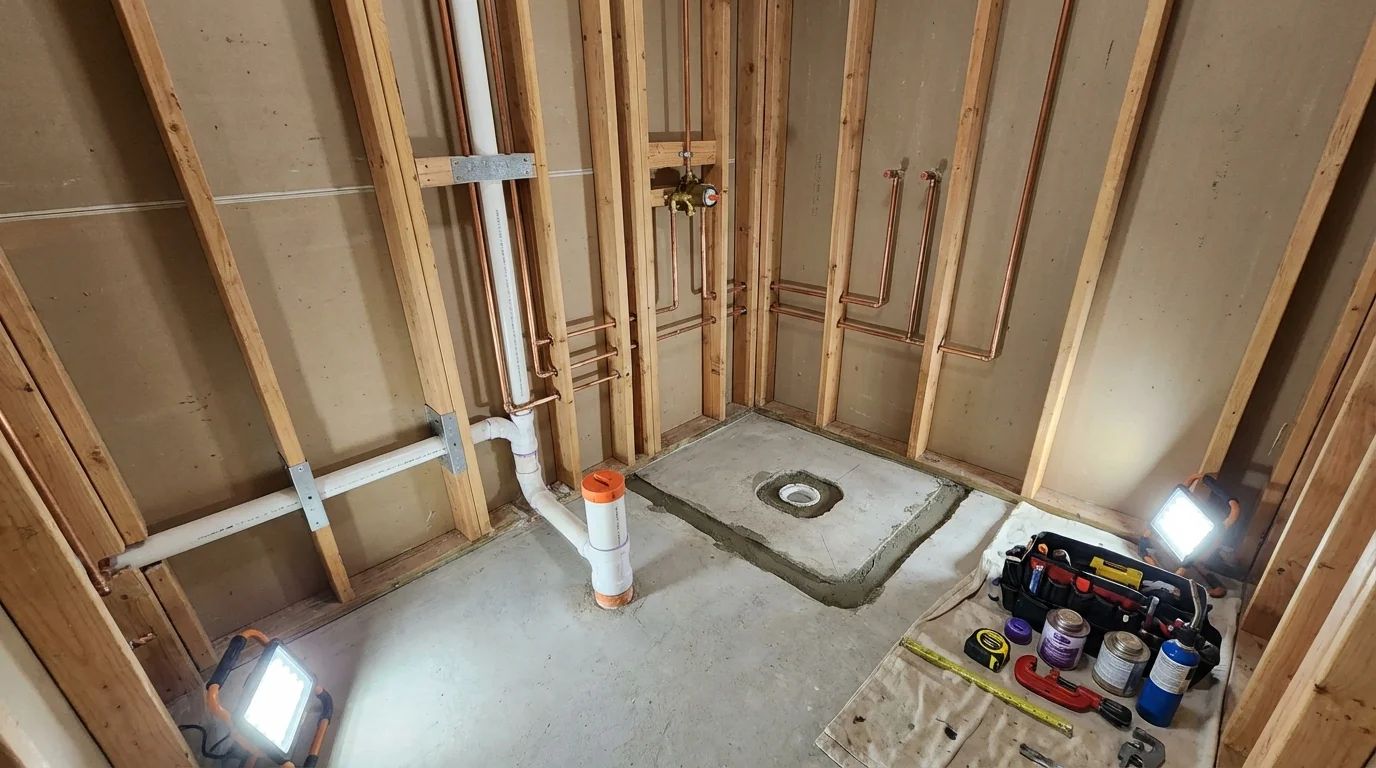 Bathroom rough-in plumbing during remodel by Johns Plumbing LLC in Laverne