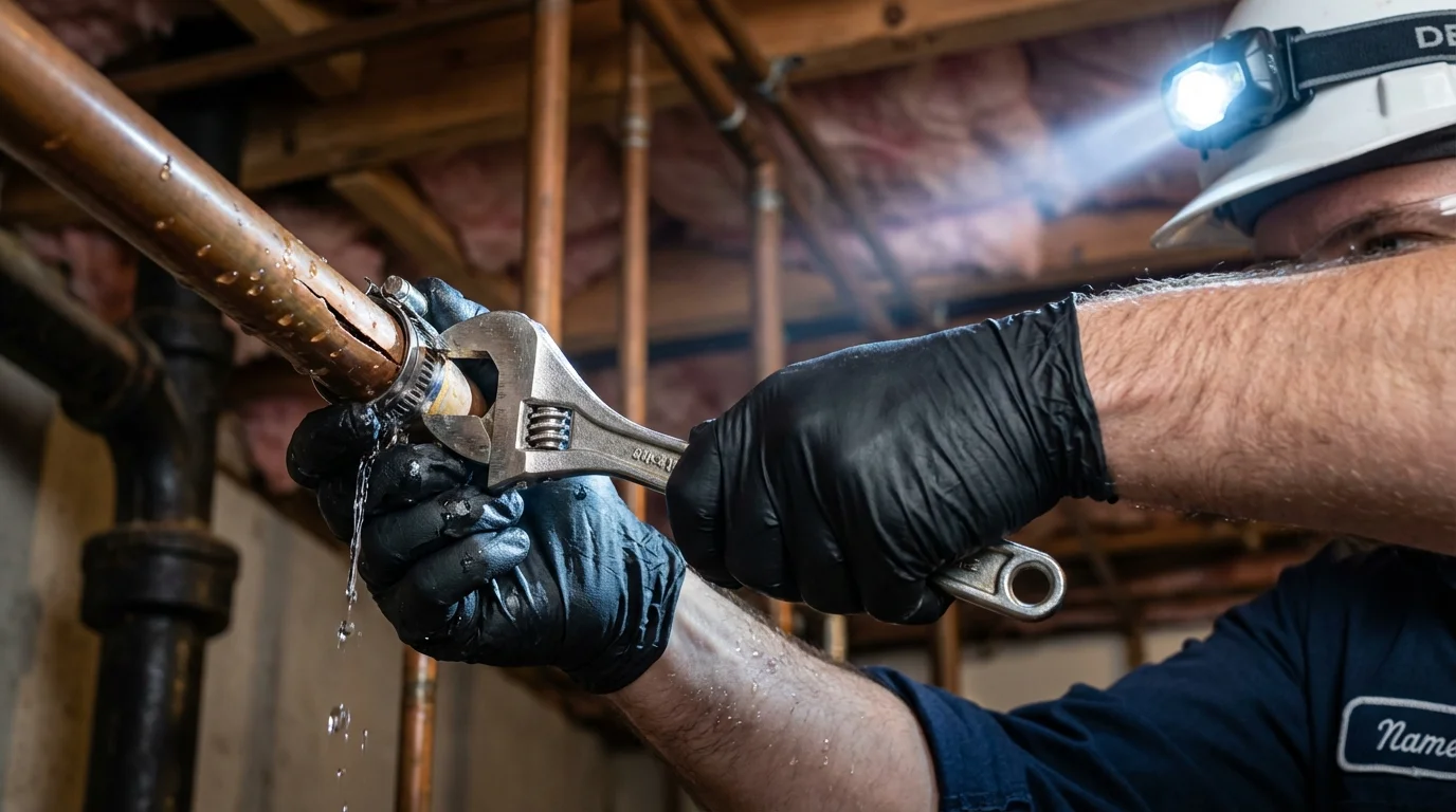 Emergency pipe clamp repair being performed by a Johns Plumbing LLC plumber in Laverne