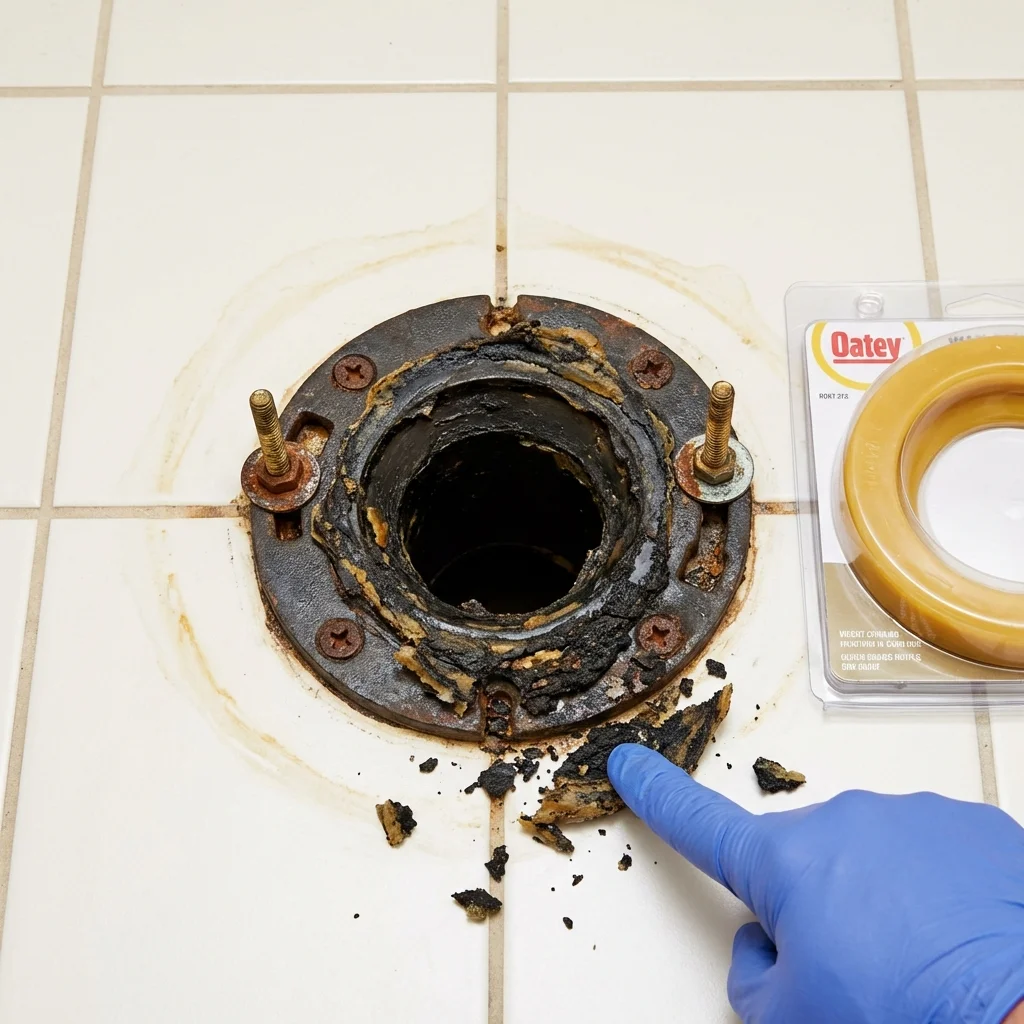 Failed wax ring showing water seepage at the base of a toilet in a Laverne, OK home