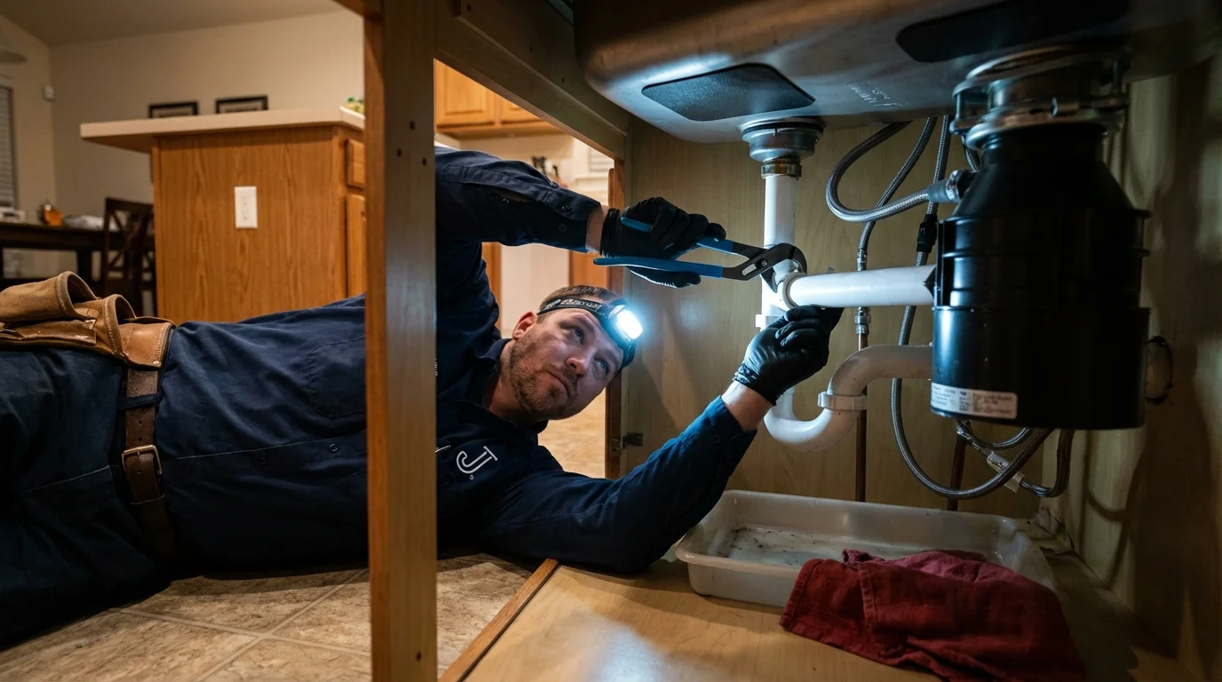 P-trap and supply line connections under a kitchen sink showing a common leak point in Laverne, OK